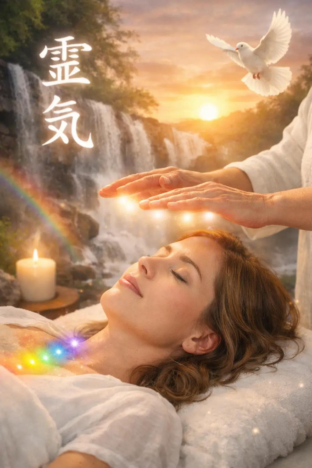 Image shows lady receiving reiki in a soft white light, with reiki symbology, a lit candle and dove