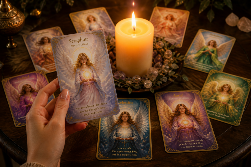 Image shows angel cards being read, which is a service offered by Seraphina Alchemy