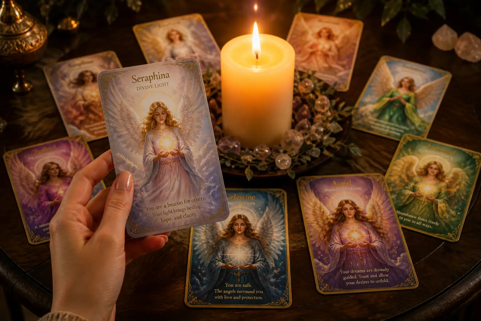 Image shows angel cards being read, which is a service offered by Seraphina Alchemy