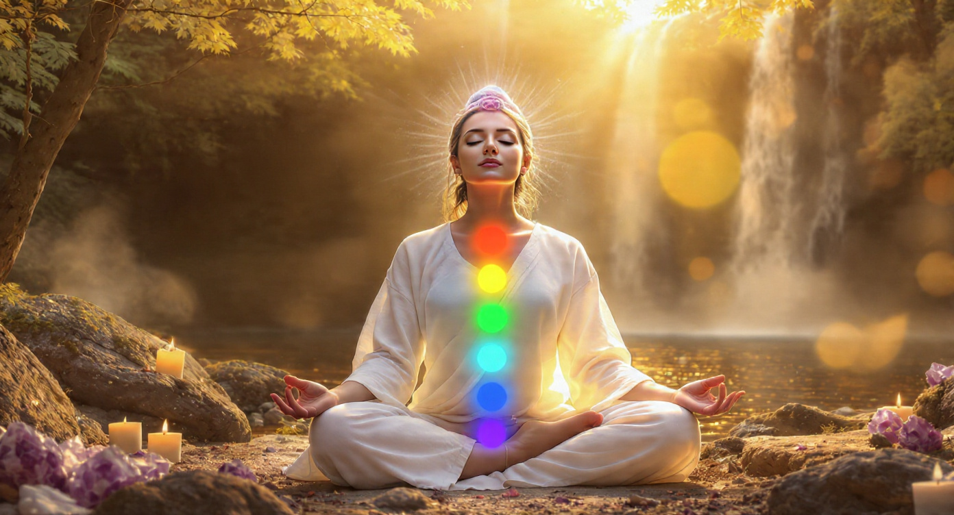 Seraphina Alchemy offers reiki for relaxation. Image shows lady meditating with coloured chakras.